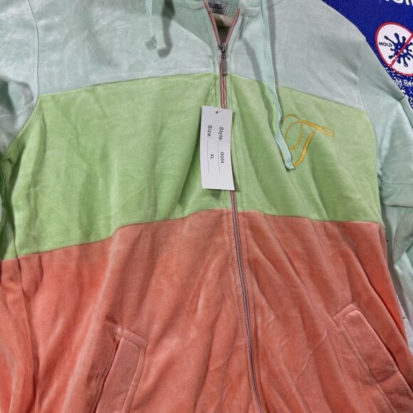 Tribeca Lady Teal Green Pink Stitch Soft Zip-up Drawstring VTG Jacket Woman’s XL - Picture 5 of 7